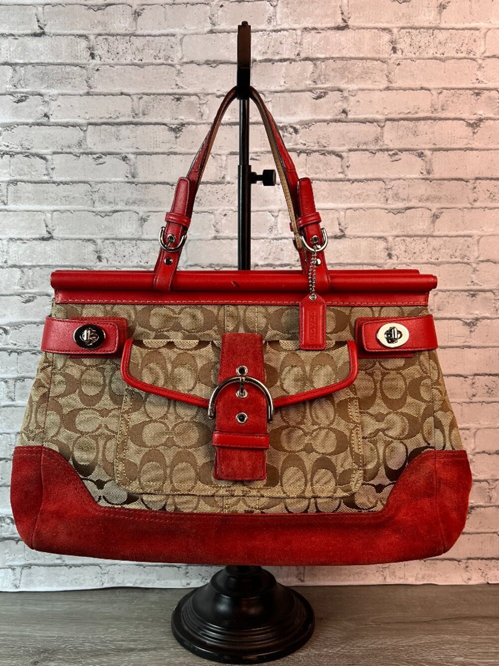 Coach Soho Handbag Signature Ladies Beige Red Canvas Leather 6876